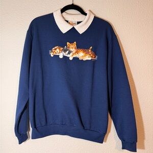 Vintage Morning Sun Large Cozy Blue Sweater Peter Pan Collar with Cat Design